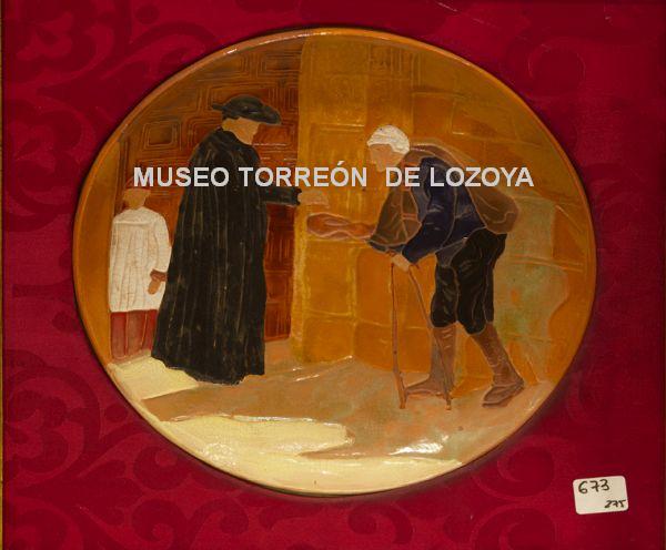 Plato con un clérigo dando limosna (reproducción uso personal o editorial)
